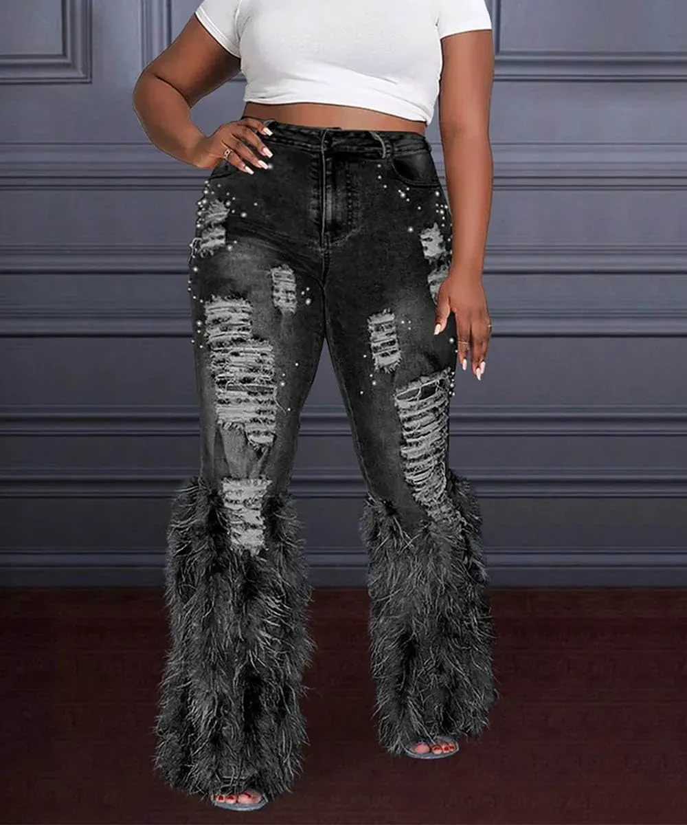 Women's High Waisted Jeans Skinny Stretch Ripped Beaded Distressed Bootcut Straight Leg Denim Pants