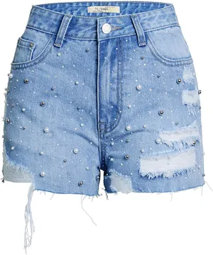 Women's High Waisted Jeans Solid Color Pearl Studded Bead Hot Drill Womens Boxing Shorts Cotton