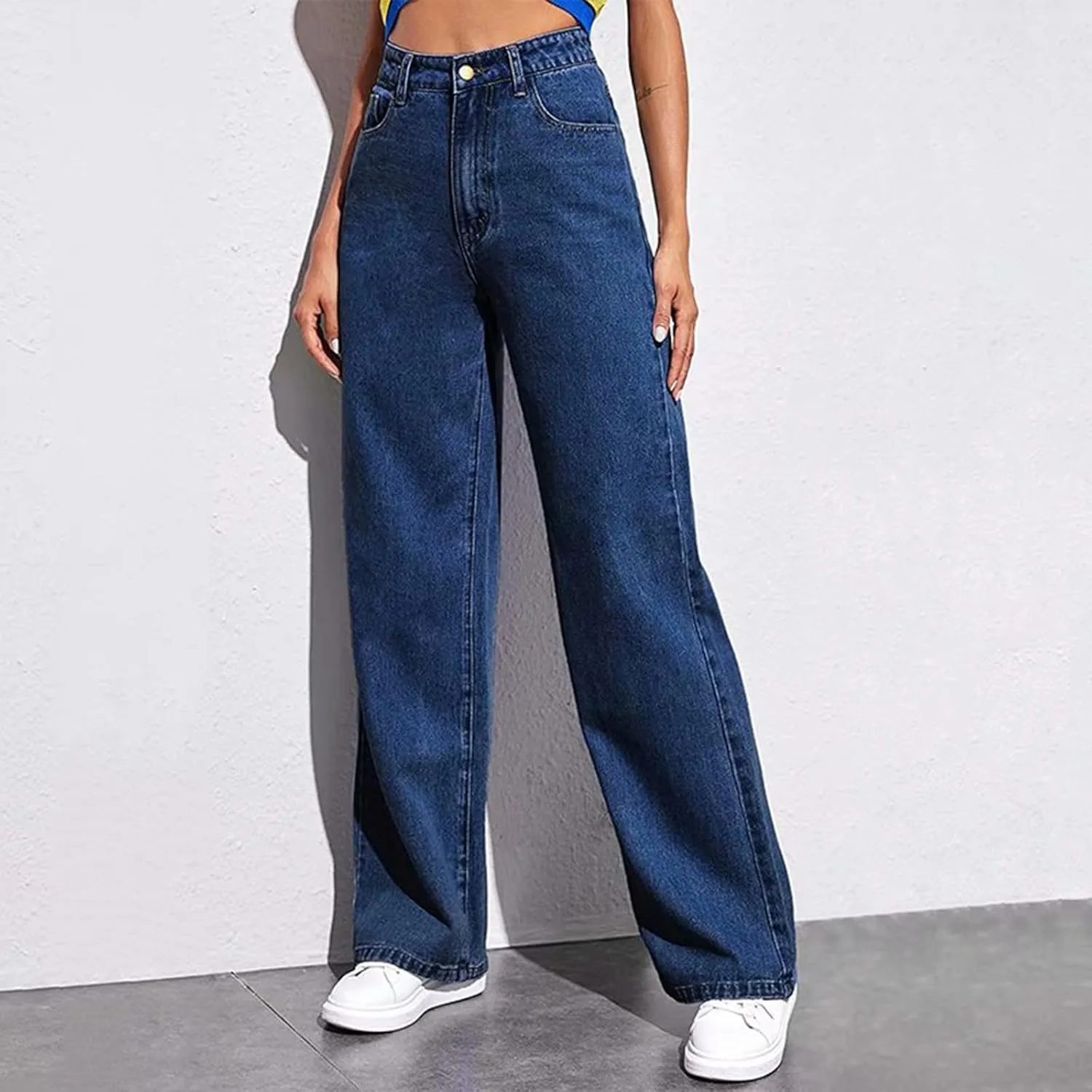 Women's High-Waisted Wide Leg Jeans Vintage Denim Pants Comfortable Casual Loose Fit Retro Style