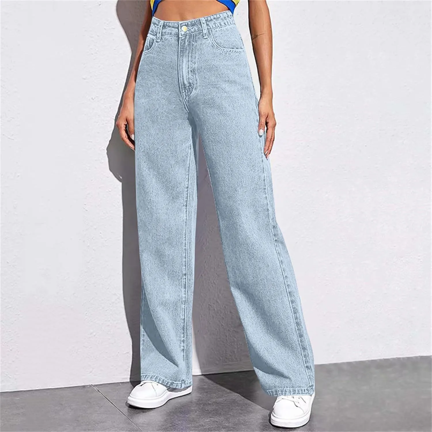 Women's High-Waisted Wide Leg Jeans Vintage Denim Pants Comfortable Casual Loose Fit Retro Style