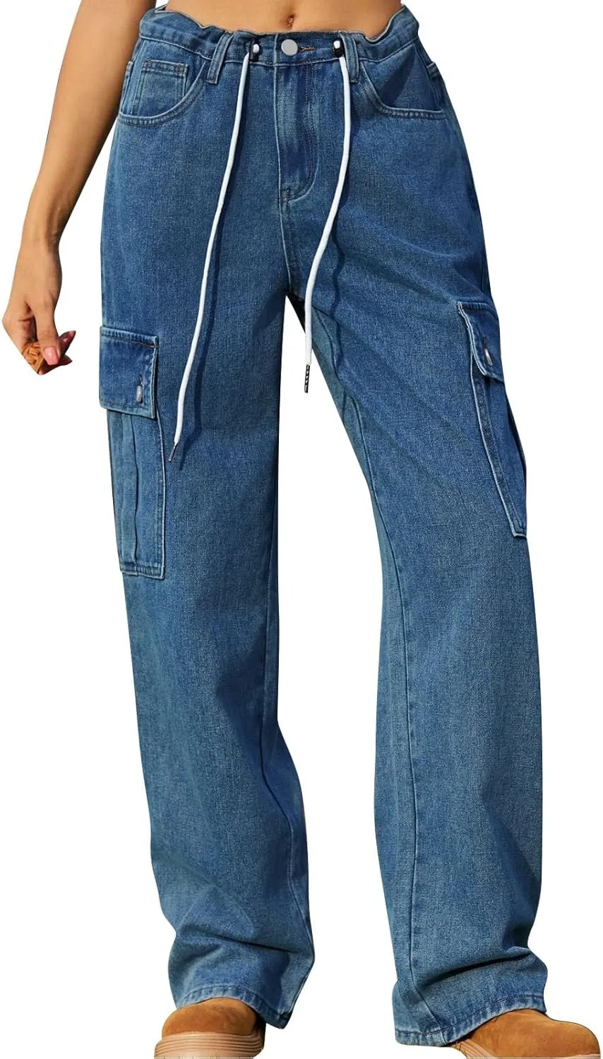 Womens Jeans Casual High Waisted Jeans Stretch Wide Leg Loose Denim Pants with Pockets