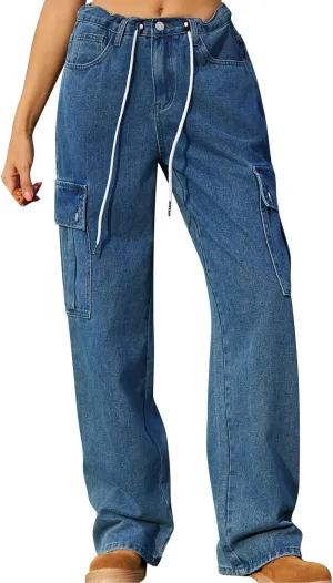 Womens Jeans Casual High Waisted Jeans Stretch Wide Leg Loose Denim Pants with Pockets