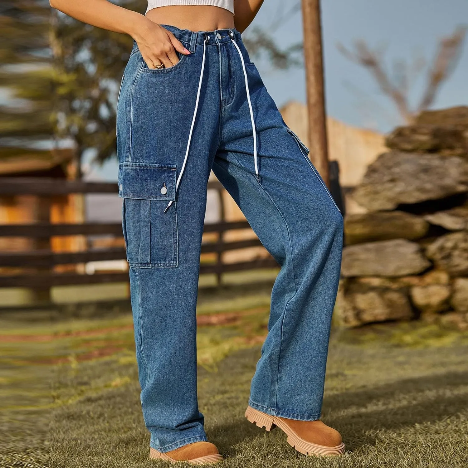 Womens Jeans Casual High Waisted Jeans Stretch Wide Leg Loose Denim Pants with Pockets