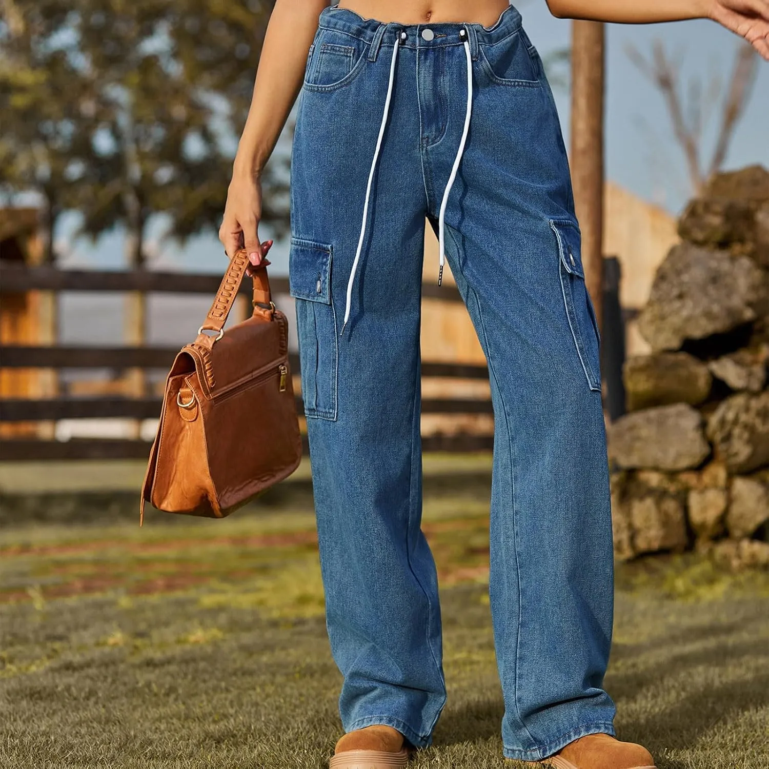 Womens Jeans Casual High Waisted Jeans Stretch Wide Leg Loose Denim Pants with Pockets