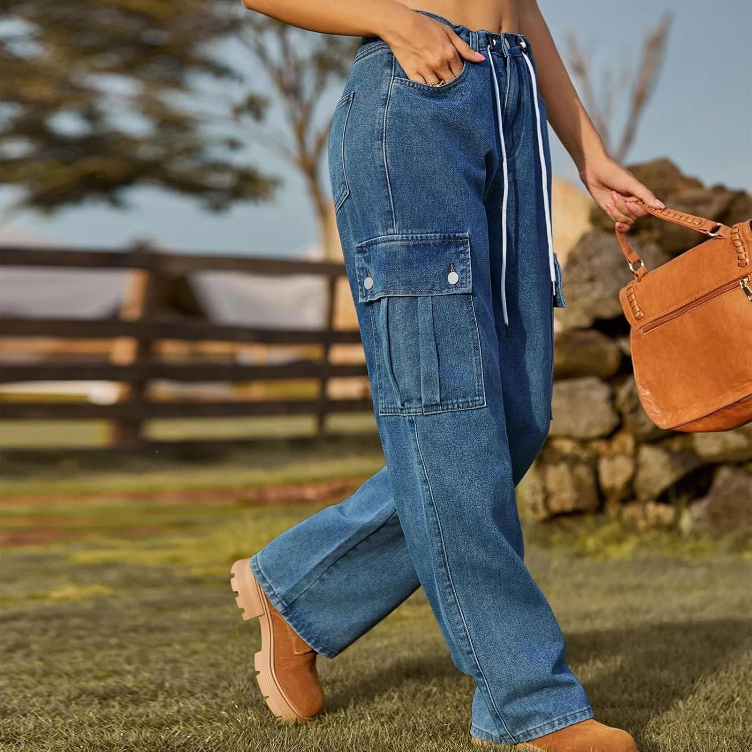 Womens Jeans Casual High Waisted Jeans Stretch Wide Leg Loose Denim Pants with Pockets