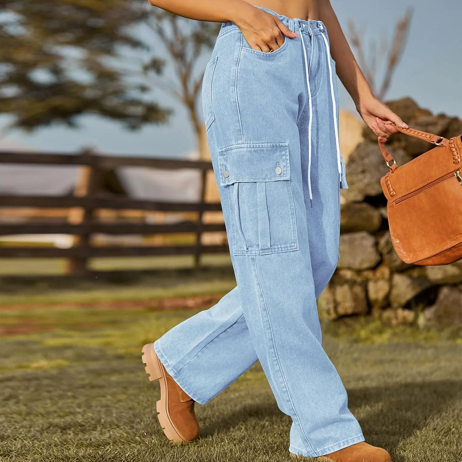 Womens Jeans Casual High Waisted Jeans Stretch Wide Leg Loose Denim Pants with Pockets