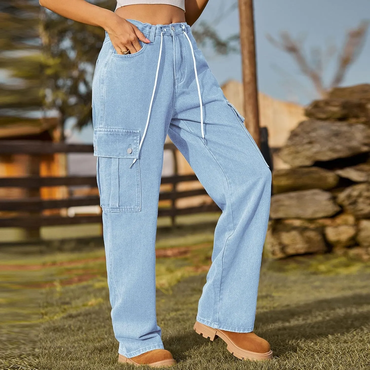 Womens Jeans Casual High Waisted Jeans Stretch Wide Leg Loose Denim Pants with Pockets