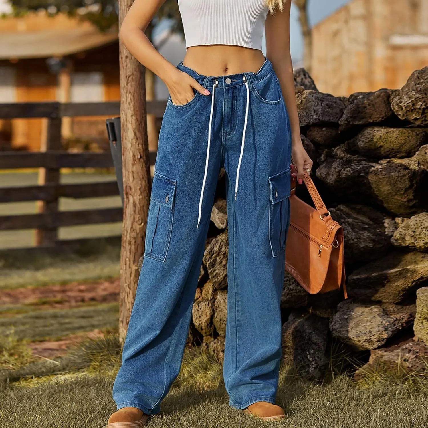 Womens Jeans Casual High Waisted Jeans Stretch Wide Leg Loose Denim Pants with Pockets