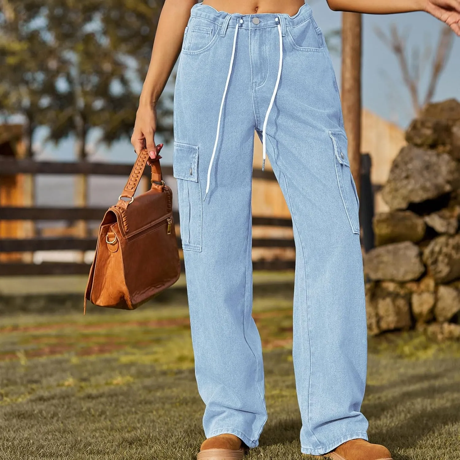 Womens Jeans Casual High Waisted Jeans Stretch Wide Leg Loose Denim Pants with Pockets