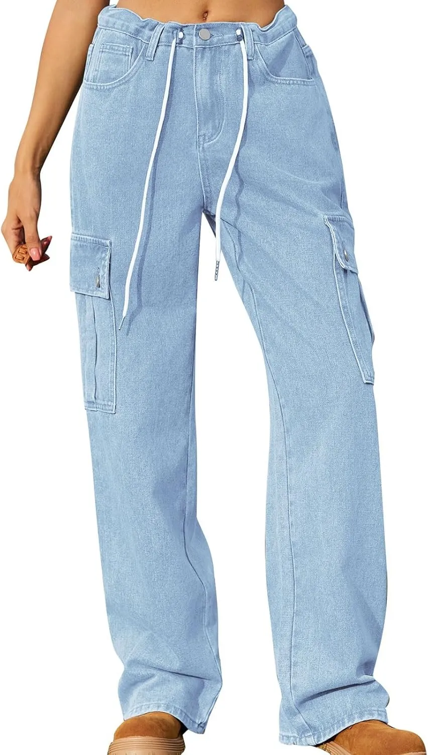 Womens Jeans Casual High Waisted Jeans Stretch Wide Leg Loose Denim Pants with Pockets