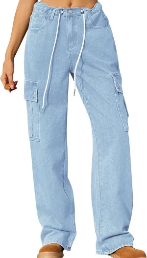 Womens Jeans Casual High Waisted Jeans Stretch Wide Leg Loose Denim Pants with Pockets
