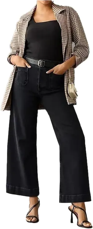 Womens Jeans High Waisted Wide Leg Flare Cropped Denim Jeans Straight Leg Stretch Jean Capris Casual Trendy Ankle Pant