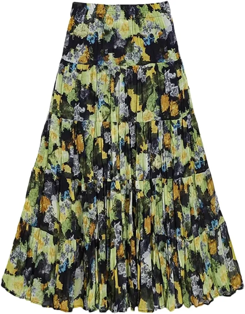 Women's Layered Printing Maxi Floral Romantic Vestidos Wrinkled Ankle Length Boho A-Line Skirts