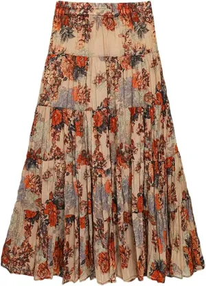Women's Layered Printing Maxi Floral Romantic Vestidos Wrinkled Ankle Length Boho A-Line Skirts