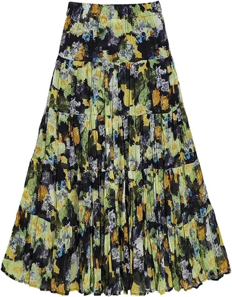 Women's Layered Printing Maxi Floral Romantic Vestidos Wrinkled Ankle Length Boho A-Line Skirts