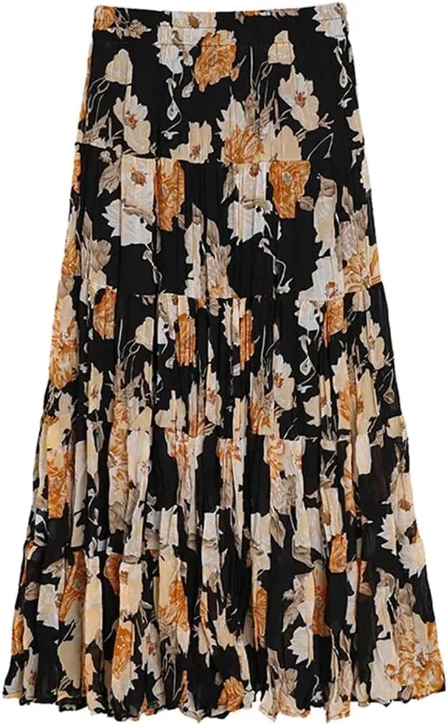 Women's Layered Printing Maxi Floral Romantic Vestidos Wrinkled Ankle Length Boho A-Line Skirts