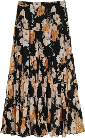 Women's Layered Printing Maxi Floral Romantic Vestidos Wrinkled Ankle Length Boho A-Line Skirts