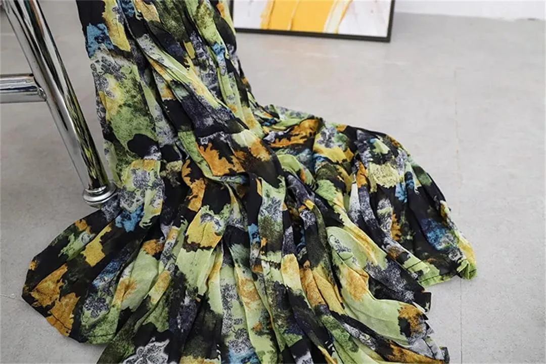 Women's Layered Printing Maxi Floral Romantic Vestidos Wrinkled Ankle Length Boho A-Line Skirts