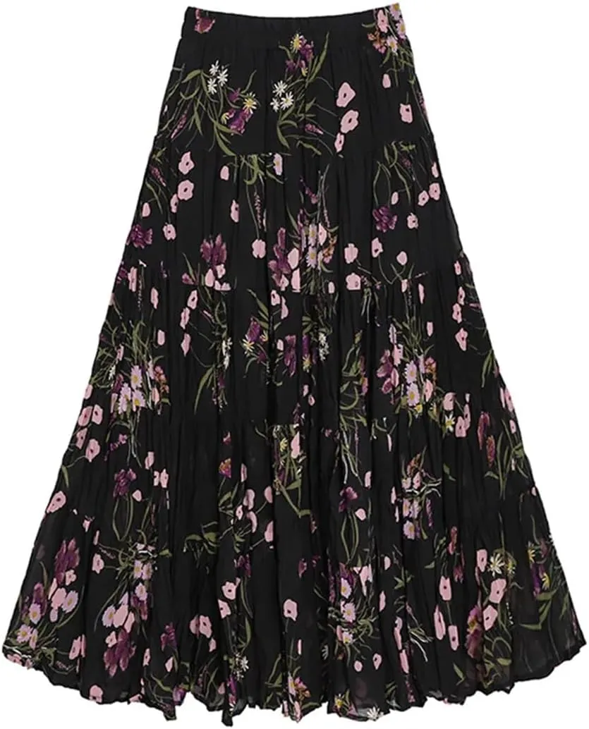 Women's Layered Printing Maxi Floral Romantic Vestidos Wrinkled Ankle Length Boho A-Line Skirts