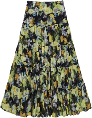 Women's Layered Printing Maxi Floral Romantic Vestidos Wrinkled Ankle Length Boho A-Line Skirts