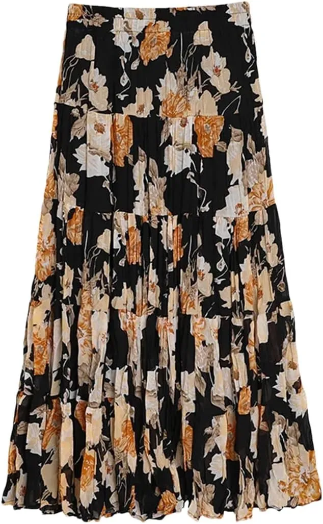 Women's Layered Printing Maxi Floral Romantic Vestidos Wrinkled Ankle Length Boho A-Line Skirts