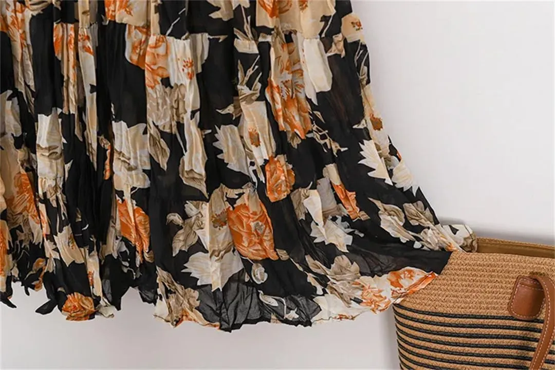 Women's Layered Printing Maxi Floral Romantic Vestidos Wrinkled Ankle Length Boho A-Line Skirts