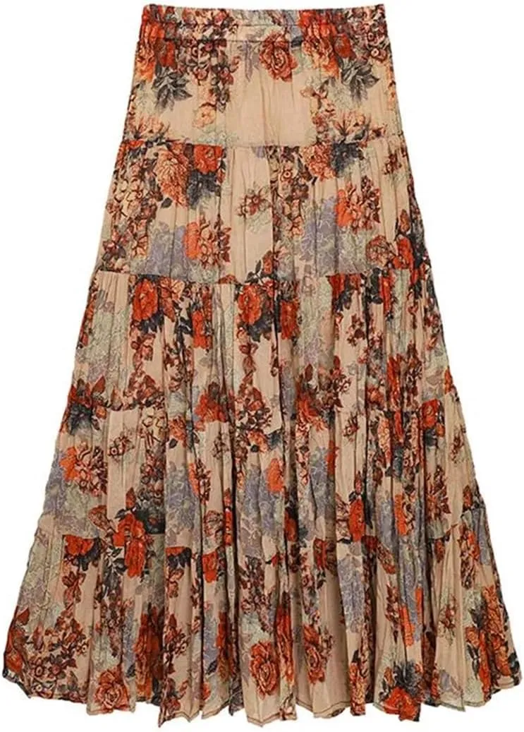 Women's Layered Printing Maxi Floral Romantic Vestidos Wrinkled Ankle Length Boho A-Line Skirts
