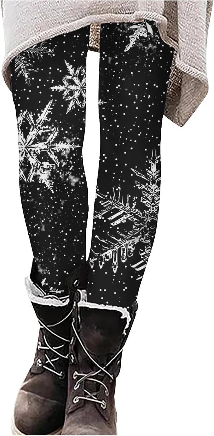Womens Leggings Christmas Snowflake Print Tights Sweatpant Soft Comfy Stretch High Waist Holiday Casual Yoga Pants