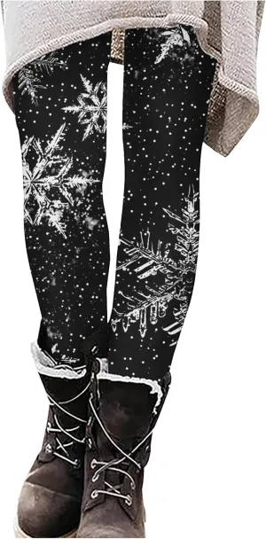 Womens Leggings Christmas Snowflake Print Tights Sweatpant Soft Comfy Stretch High Waist Holiday Casual Yoga Pants