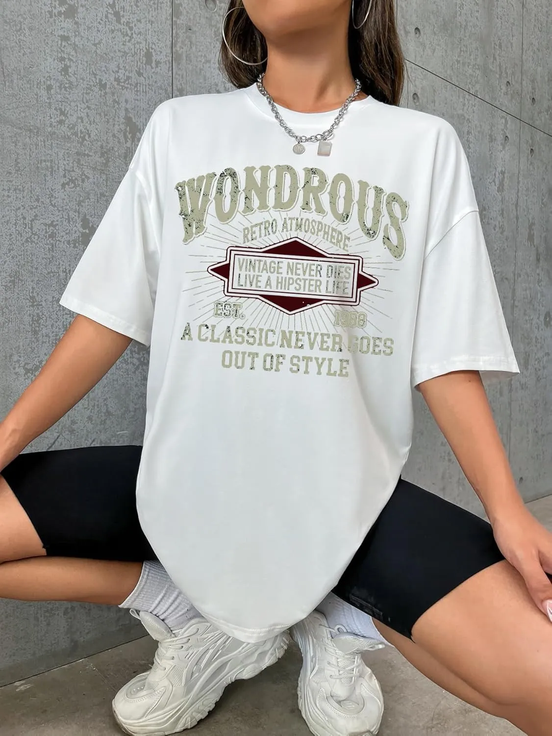Women's Letter Graphic Crewneck T Shirt Half Sleeve Drop Shoulder Vintage Oversized Tees