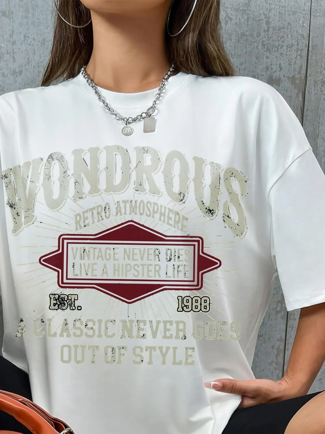 Women's Letter Graphic Crewneck T Shirt Half Sleeve Drop Shoulder Vintage Oversized Tees