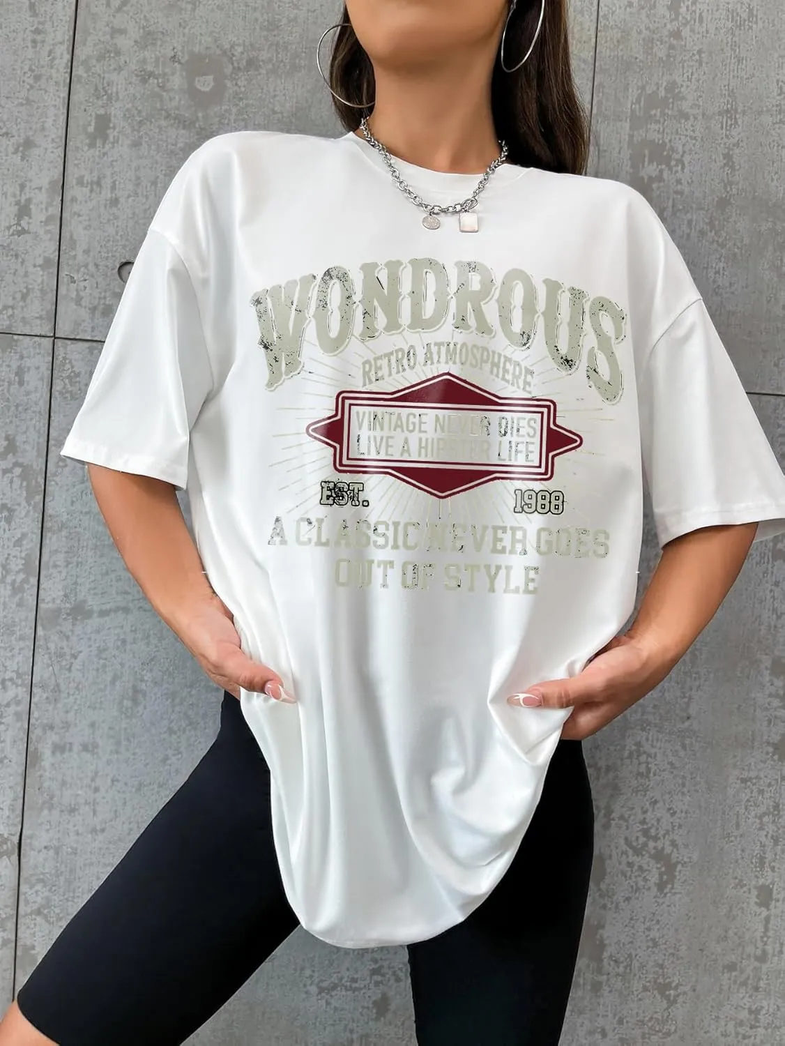 Women's Letter Graphic Crewneck T Shirt Half Sleeve Drop Shoulder Vintage Oversized Tees