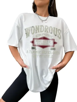 Women's Letter Graphic Crewneck T Shirt Half Sleeve Drop Shoulder Vintage Oversized Tees