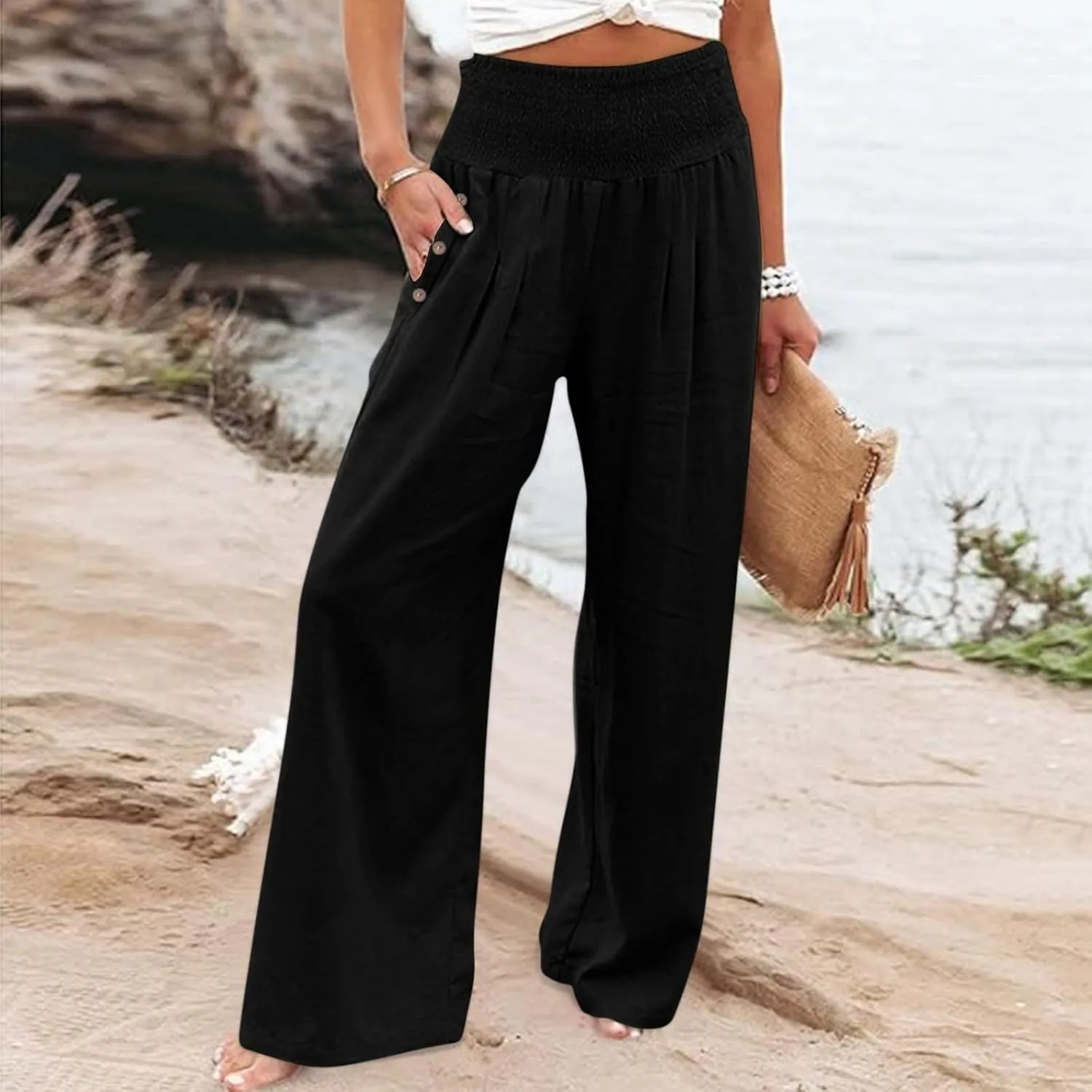 Womens Linen Pants 2025 Summer Smocked High Waisted Wide Leg Casual Palazzo Pants Flowy Beach Trousers with Pockets