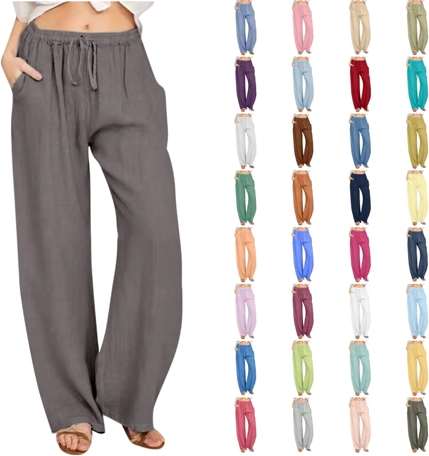 Womens Linen Pants 2025 Summer Wide Leg Casual Loose Fit Elastic High Waist Palazzo Pants Linen Trousers with Pockets