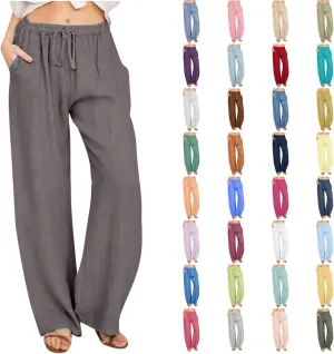 Womens Linen Pants 2025 Summer Wide Leg Casual Loose Fit Elastic High Waist Palazzo Pants Linen Trousers with Pockets