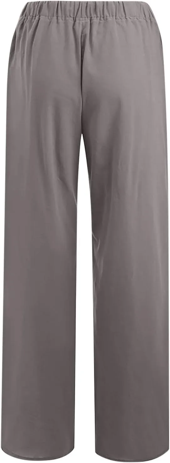 Womens Linen Pants 2025 Summer Wide Leg Casual Loose Fit Elastic High Waist Palazzo Pants Linen Trousers with Pockets