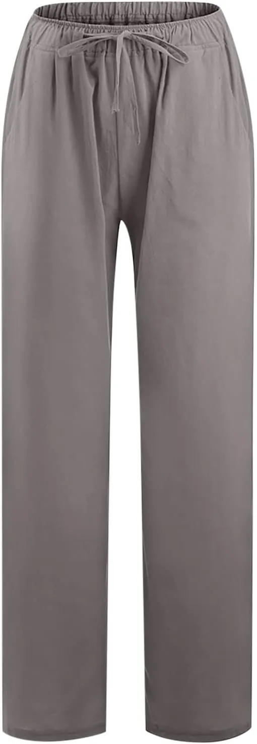 Womens Linen Pants 2025 Summer Wide Leg Casual Loose Fit Elastic High Waist Palazzo Pants Linen Trousers with Pockets