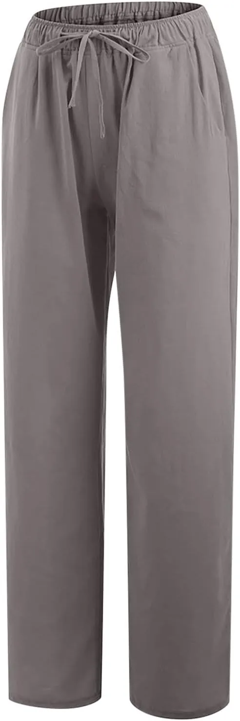 Womens Linen Pants 2025 Summer Wide Leg Casual Loose Fit Elastic High Waist Palazzo Pants Linen Trousers with Pockets