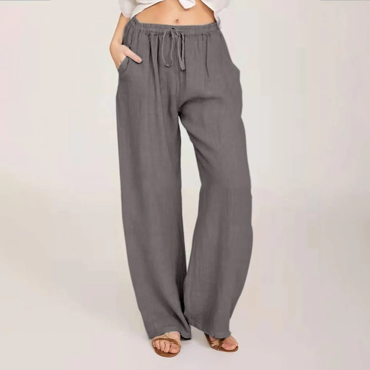 Womens Linen Pants 2025 Summer Wide Leg Casual Loose Fit Elastic High Waist Palazzo Pants Linen Trousers with Pockets