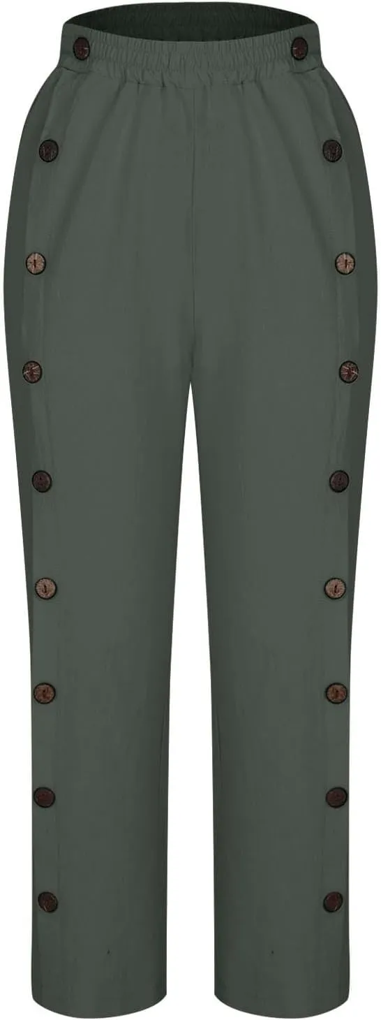 Womens Linen Pants Boho A-Lined Botton Slit Wide Leg Pants Casual Soft Baggy Daily Wear Trousers with Pockets