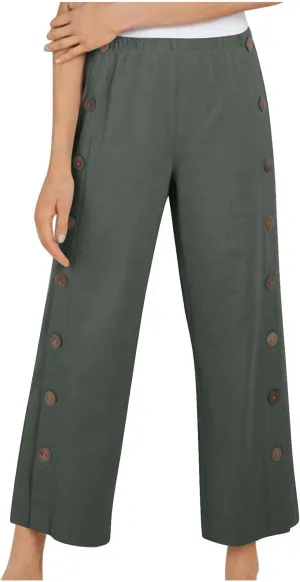 Womens Linen Pants Boho A-Lined Botton Slit Wide Leg Pants Casual Soft Baggy Daily Wear Trousers with Pockets