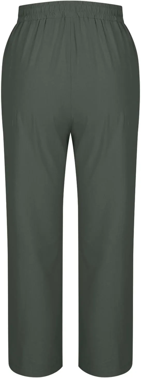 Womens Linen Pants Boho A-Lined Botton Slit Wide Leg Pants Casual Soft Baggy Daily Wear Trousers with Pockets