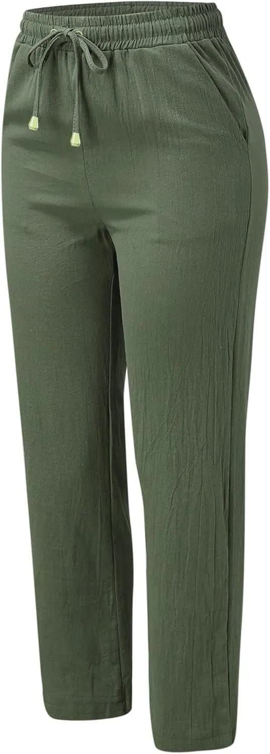 Women's Linen Pants Casual Classic Loose Wide Leg Linen Trousers Lightweight Drawstring Straight Leg Cotton Linen Pant