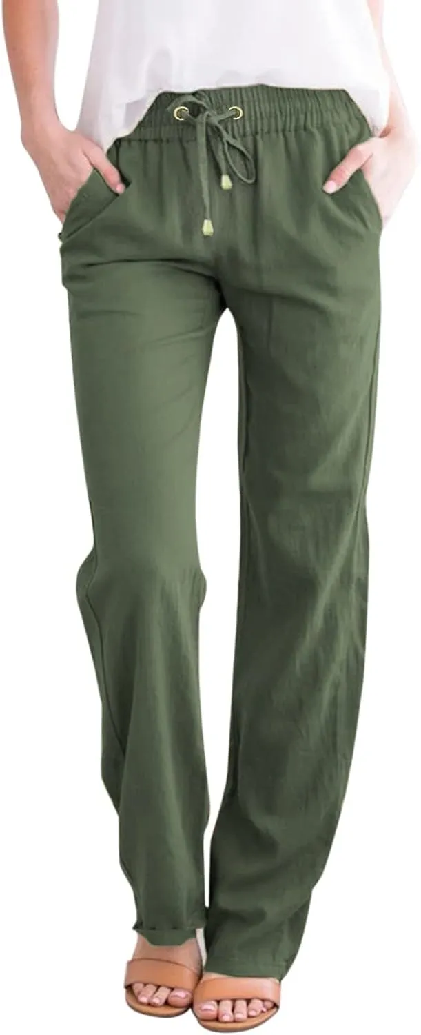 Women's Linen Pants Casual Classic Loose Wide Leg Linen Trousers Lightweight Drawstring Straight Leg Cotton Linen Pant