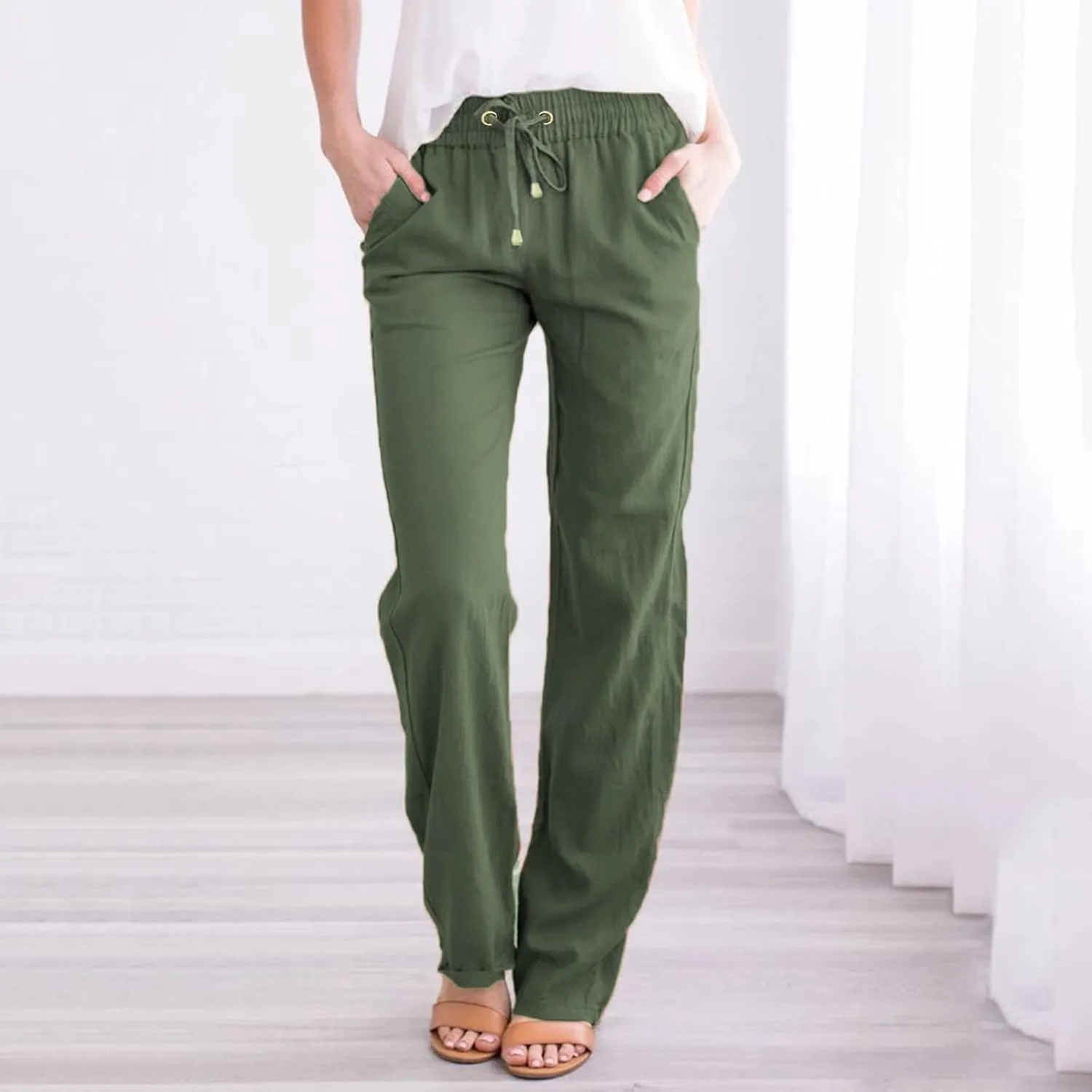 Women's Linen Pants Casual Classic Loose Wide Leg Linen Trousers Lightweight Drawstring Straight Leg Cotton Linen Pant