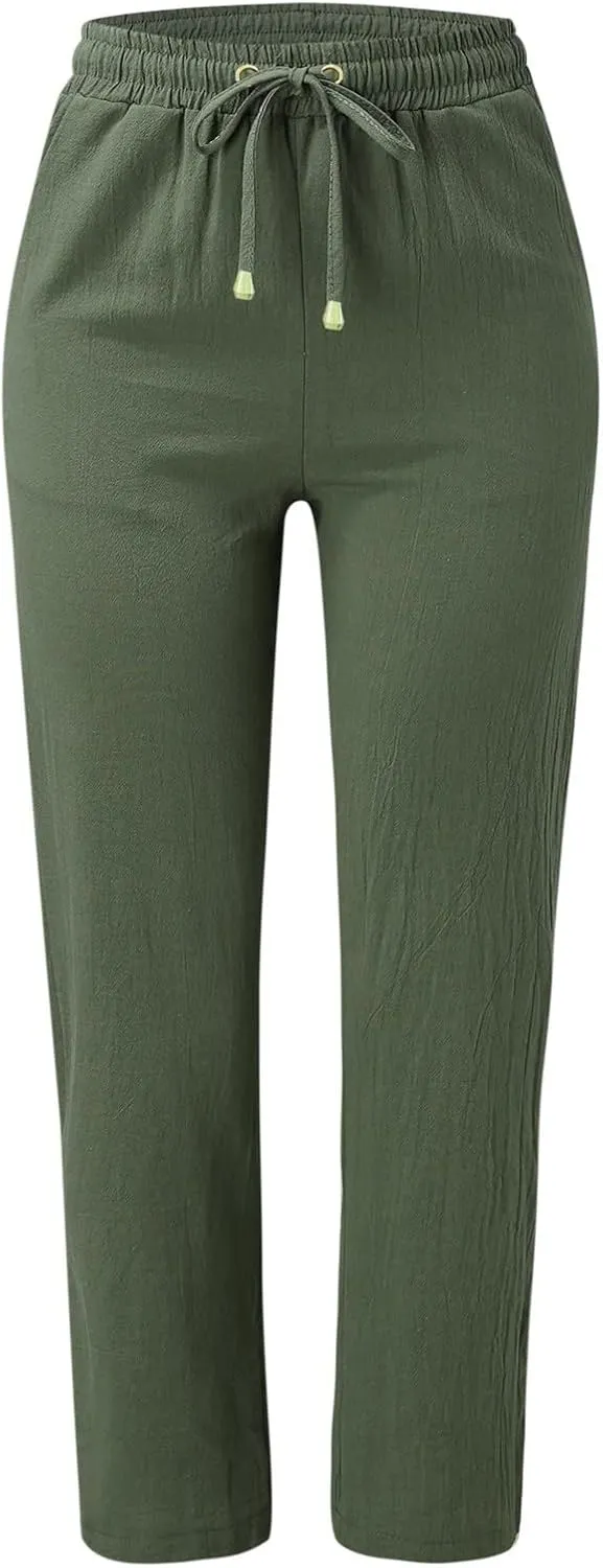 Women's Linen Pants Casual Classic Loose Wide Leg Linen Trousers Lightweight Drawstring Straight Leg Cotton Linen Pant