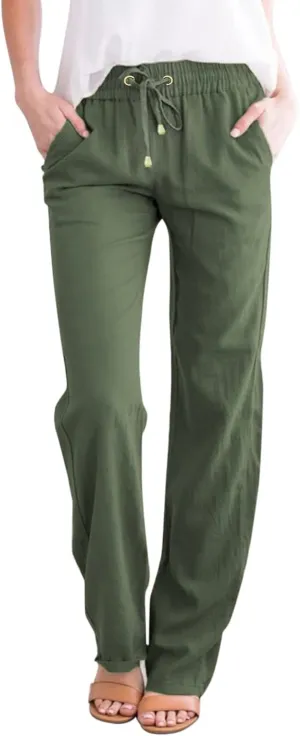 Women's Linen Pants Casual Classic Loose Wide Leg Linen Trousers Lightweight Drawstring Straight Leg Cotton Linen Pant