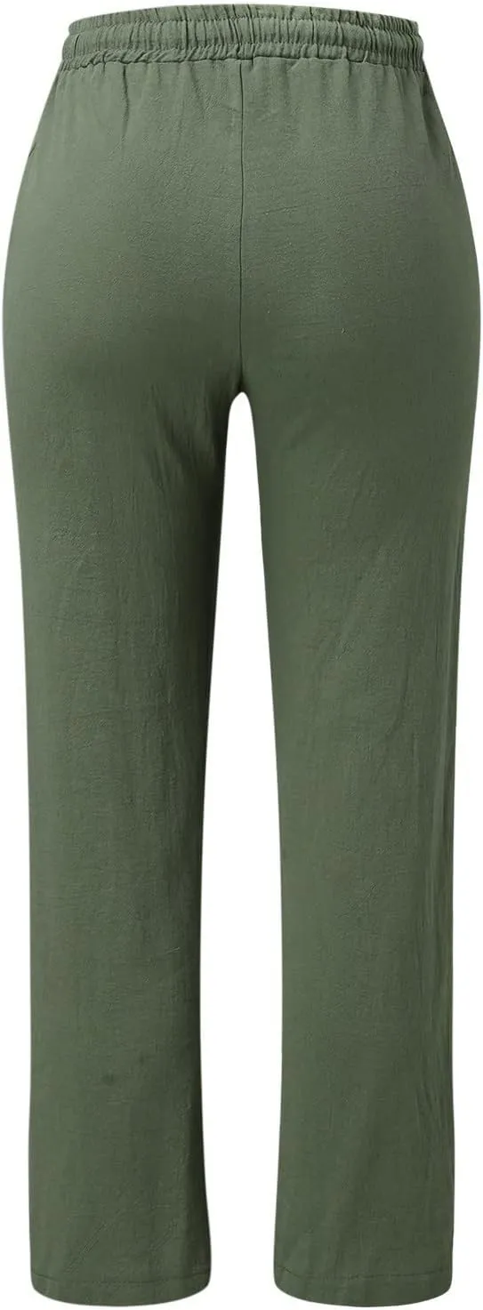 Women's Linen Pants Casual Classic Loose Wide Leg Linen Trousers Lightweight Drawstring Straight Leg Cotton Linen Pant