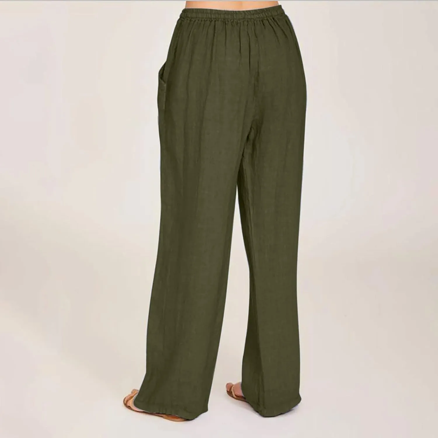 Womens Linen Pants Casual Elastic High Waisted Drawstring Palazzo Pant Trendy Wide Leg Beach Trousers with Pockets